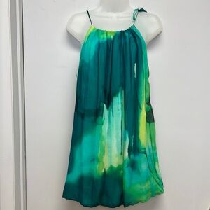 BCBGMAXAZRIA Silk Chiffon Watercolor Halter Mini Dress XXS Blue Green